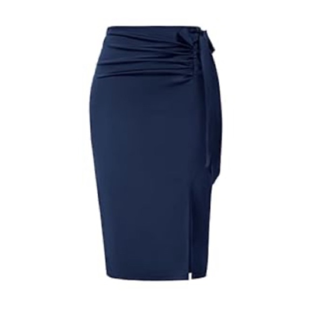 NWT Kate Kasin Navy Blue Satin High Waist Skirt with bow. GORGEOUS!
